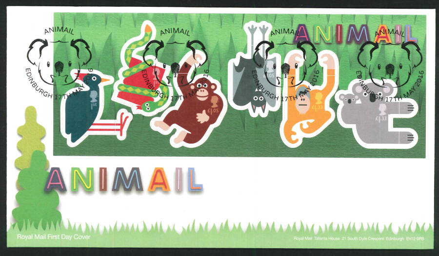 2016 - Animail Animals Minisheet, First Day Cover, Edinburgh Postmark